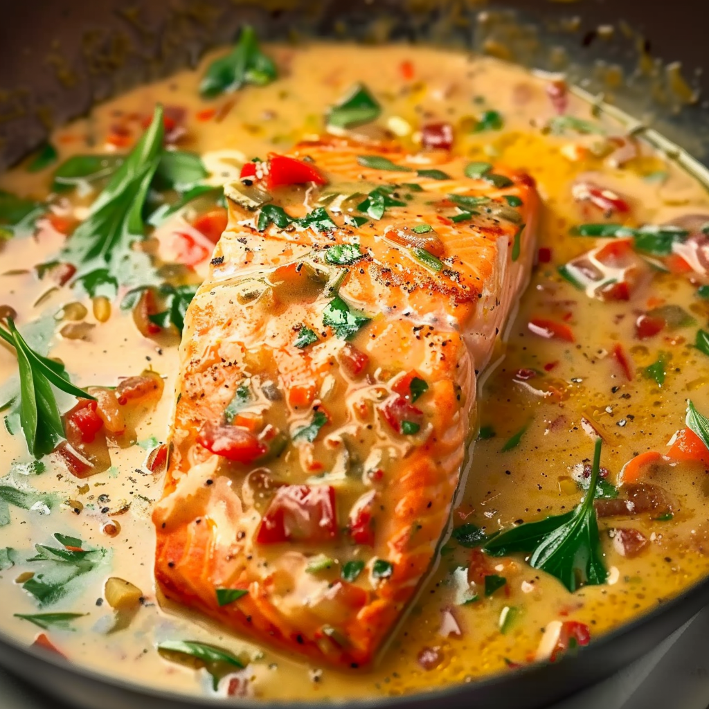 Salmon with Roasted Pepper Cream Sauce - Recipes Smile